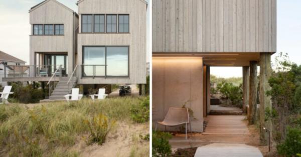 photo of A solar-powered home in Maine rises above the sand dunes on wooden stilts image
